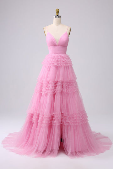 Pink Princess Tiered Spaghetti Straps Prom Dress with Slit